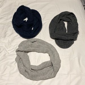 Three infinity scarves, soft knitted material